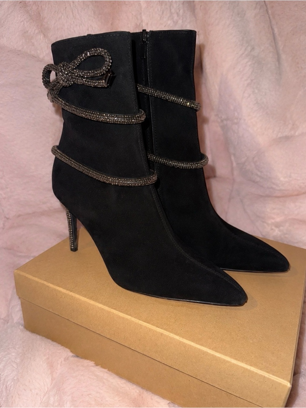 Black Suede Pointed-Toe Mid-Calf Boots with Rhinestone Trim Size 8
